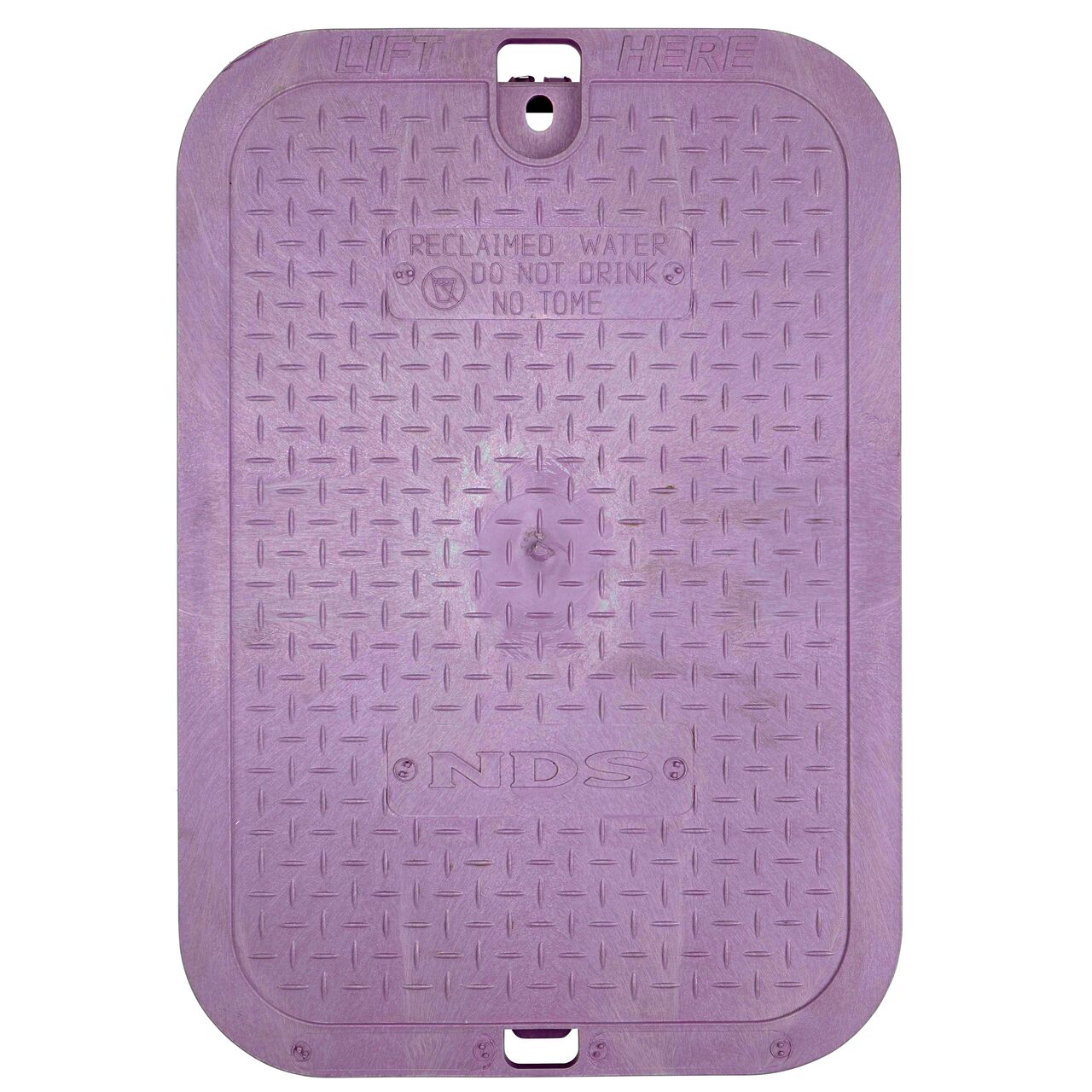 Top down view of the top side of the Purple Reclaimed Water cover for the NDS 14 x 19 in. Rectangular Standard Series Valve Box Extension (NDS 115BCR) showing the Purple Reclaimed Water markings