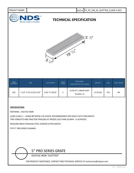 NDS 5 in. Pro Series™ Channel Drain Grate Ductile Iron Tech Spec
