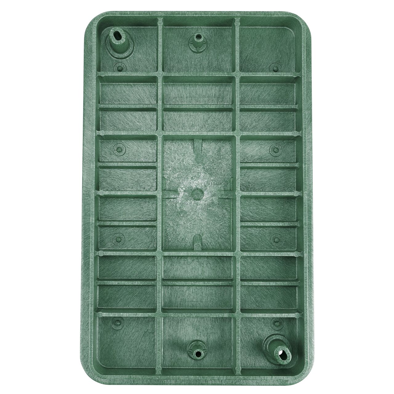 Top down view of the underside side of the Green Sewer cover (NDS 321BCBS) for the NDS 13 in. X 24 in. Rectangular Pro-Spec® Series valve box, showing reinforcing ribs that are load rated to withstand pedestrian traffic and the rigors of lawn care equipment