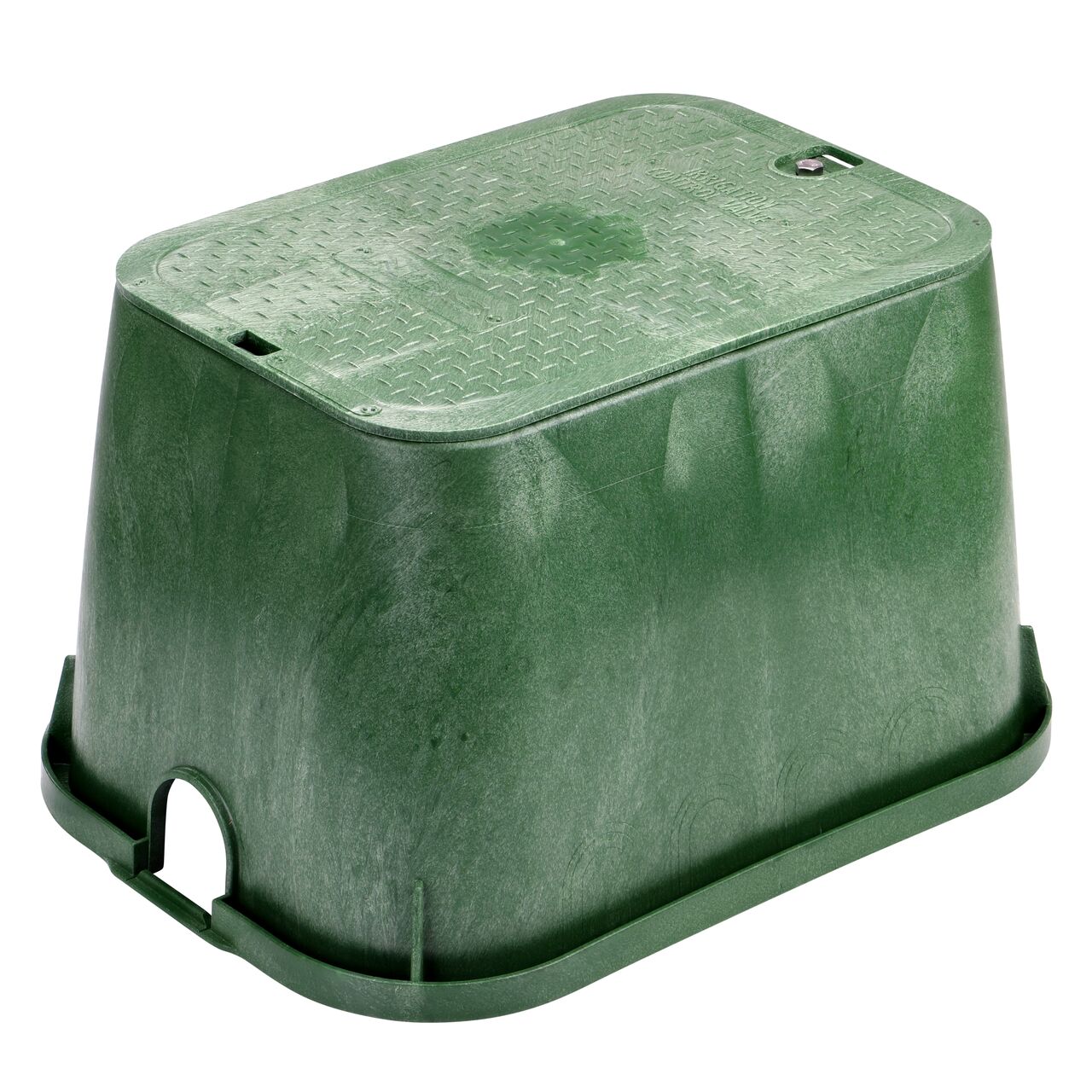 The NDS 14 X 19 in. Rectangular Standard Series Valve Box and Cover with Bolt is a 12 in. high Green Box and Green Cover with Irrigation Control Valve markings on the drop-in/overlapping lid (NDS 114BCB) and protects underground irrigation and sprinkler system components and keeps them out of sight