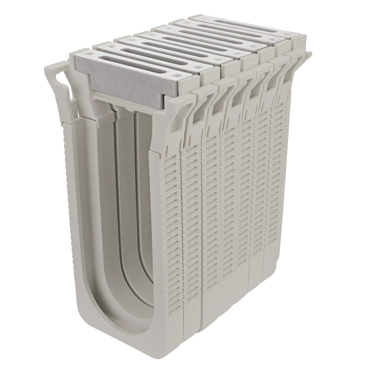 Seven Light Gray Slotted Plastic Dura Slope™ Channel Drain EZ-Track™ Radius Coupling Grates (NDS DS-661LGMG) installed on seven Dura Slope EZ-Track Radius Couplings (NDS DSRC) with no bend