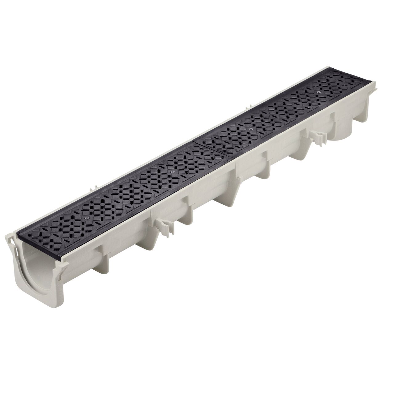 Two ductile iron diamond pattern Dura Slope™ Channel Drain Grates (NDS DS-602) fit on one Dura Slope Channel Drain (NDS DS-091)
