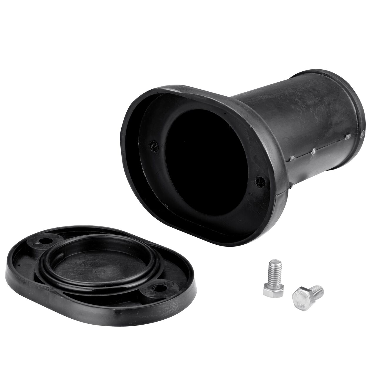 Unassembled NDS Black 4 in. Polypropylene S&D Sewer Cleanout Plug (NDS 22-040) comes with two 1/2 in. X 1 in. stainless steel bolts and EPDM O-ring