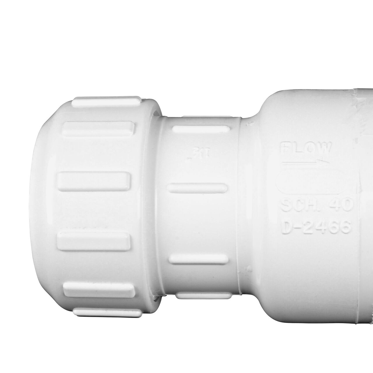 Closeup of the arrow showing water flow on the NDS White 1-1/2 in. PVC Compression Swing Check Valve (NDS 1500-15)