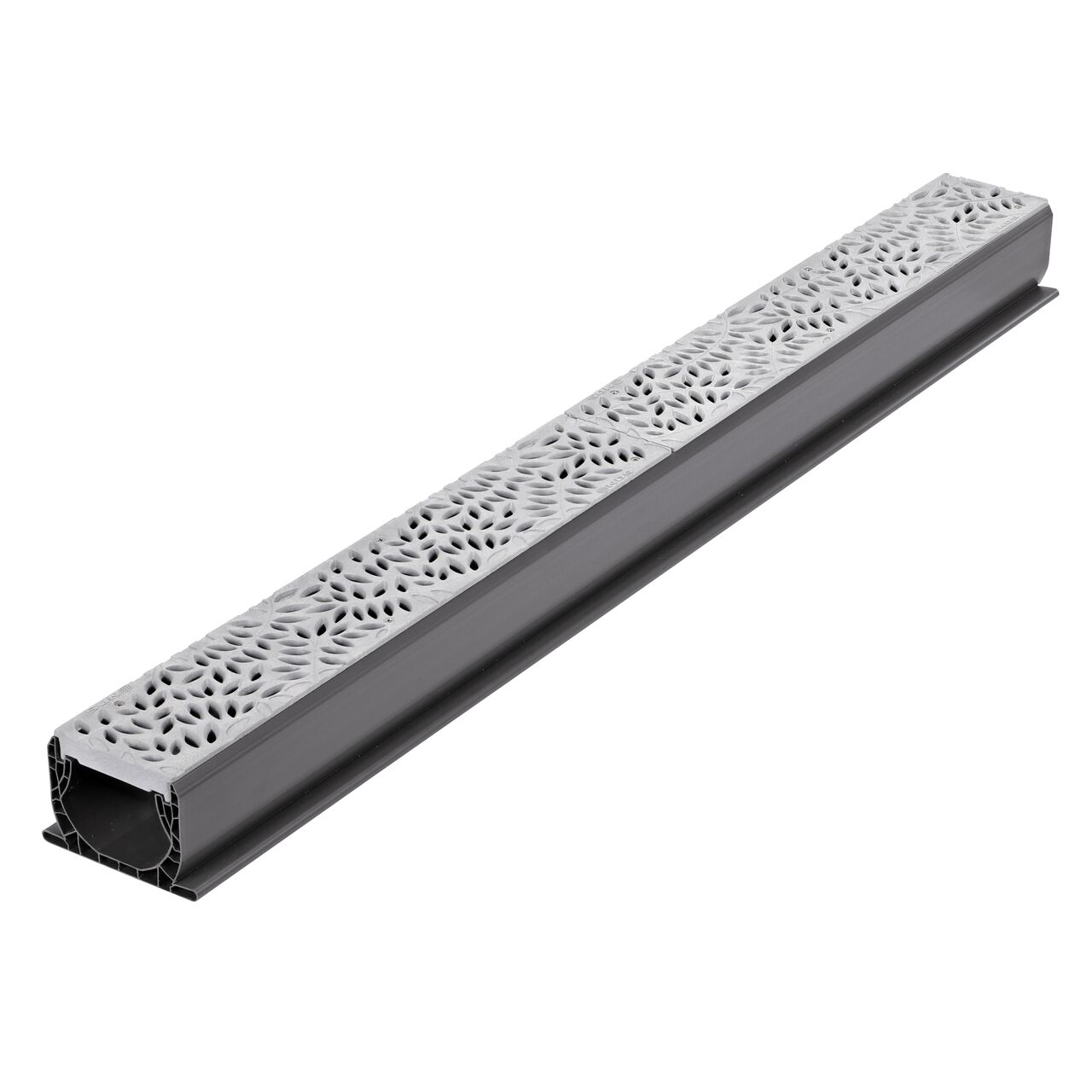 NDS Spee-D® Channel Drain Grate, Decorative Botanical Design in Gray Plastic (NDS 252GY) installed on a Spee-D Channel Drain (NDS 400)