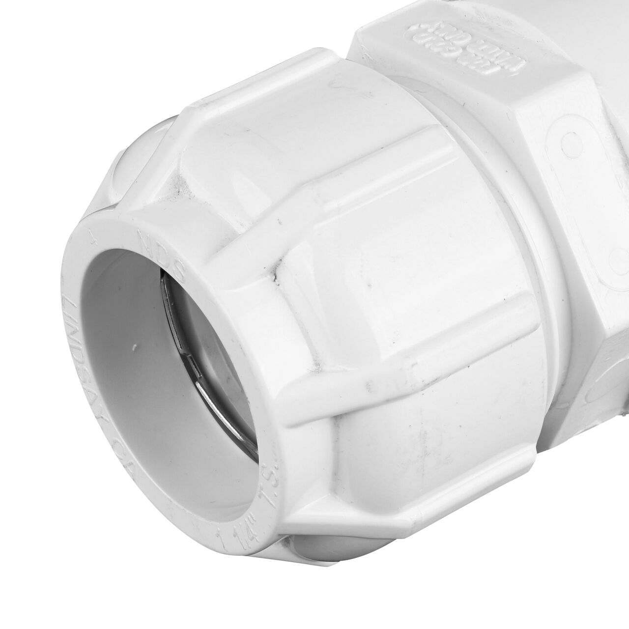Closeup of the Flo Lock compression end with steel gripper on the NDS 1-1/4 in. CTS FPT X 1-1/2 in. IPS Spigot Flo-Lock™ Gripper Adapter (NDS 935-125)