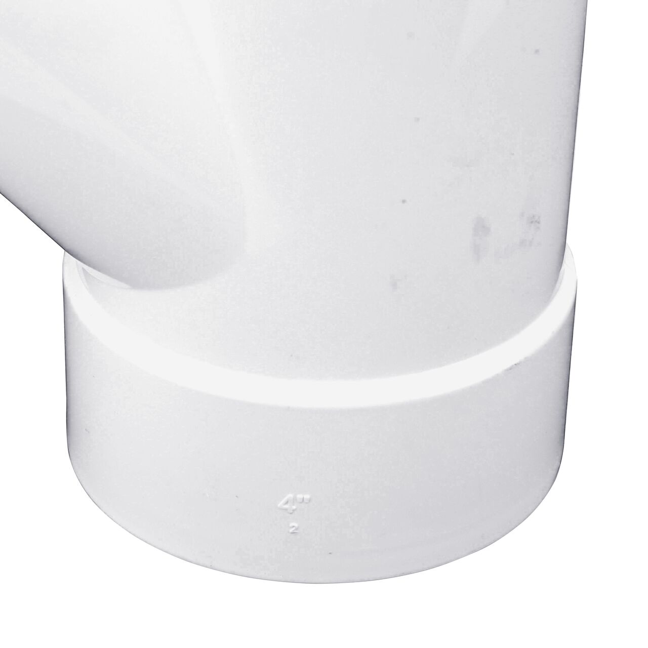 Closeup of the bottom and the sweep of the middle hub of the NDS 4 in. PVC Sewer and Drain 45° Wye (NDS 4P08C*, NDS 4P08*, NDS 4P08)