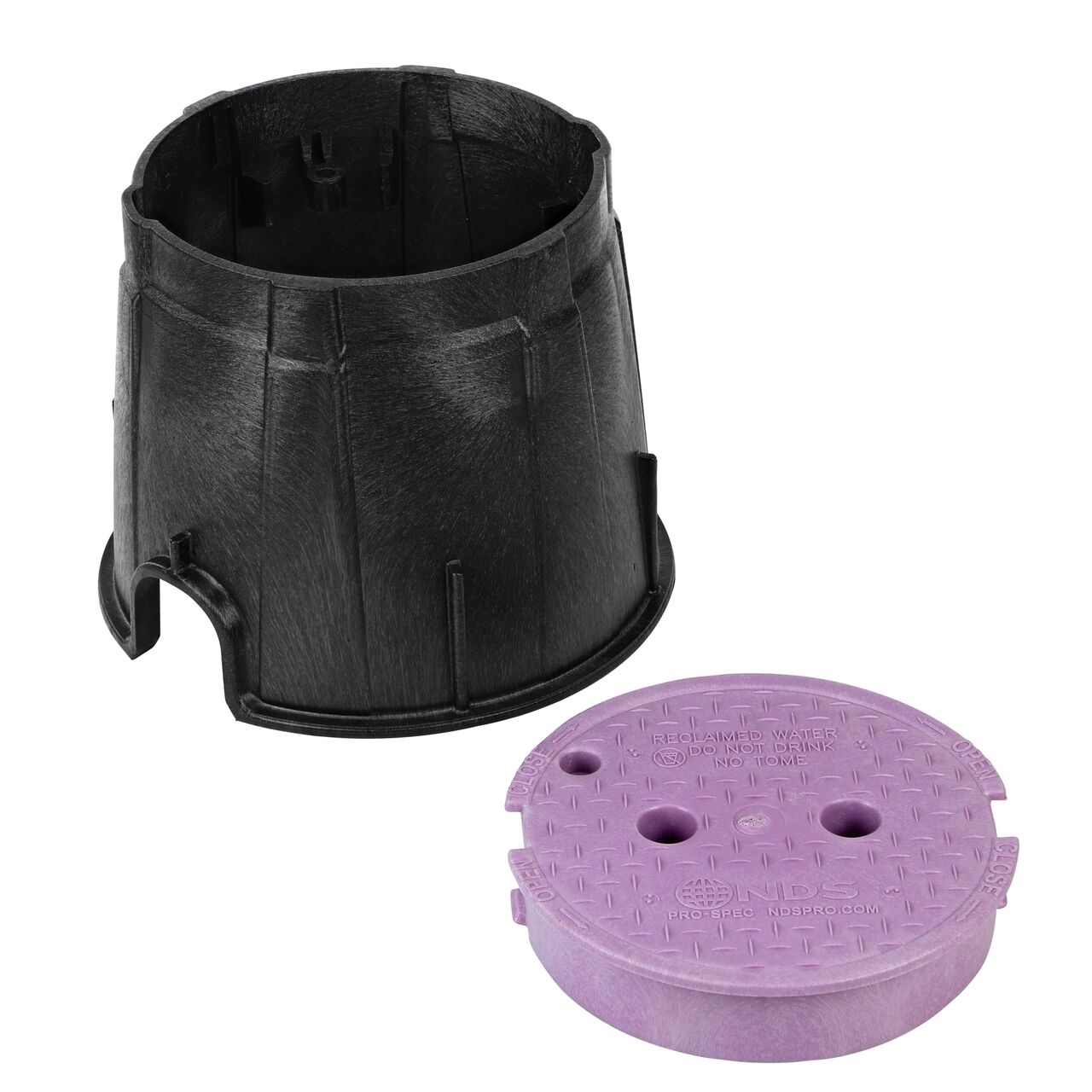 Unassembled View of the NDS 10 in. Round Pro-Spec® Series Black Box and Purple Reclaimed Water Cover (NDS 311BCR) showing the overlapping cover with a bayonet twist-lock lid featuring two finger slots, making it easy to remove or secure onto the box