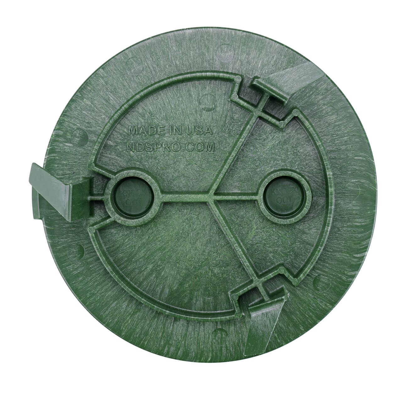 Top down view of the bottom of 6 in. Round SureFit Universal Valve Box Lid with SnapLock technology showing the support underneath; prongs grab securely to box (NDS 6RND-UC)