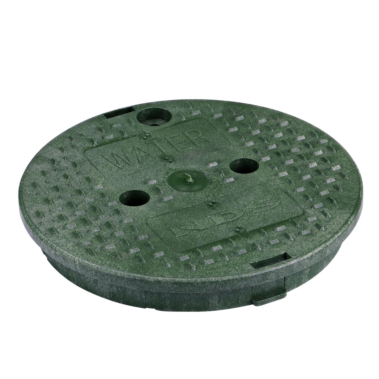 This NDS 10 in. Round Standard Series Valve Box Cover is a green cover with water markings on the lid and fits NDS standard series 10 in. valve boxes (NDS 111CW)
