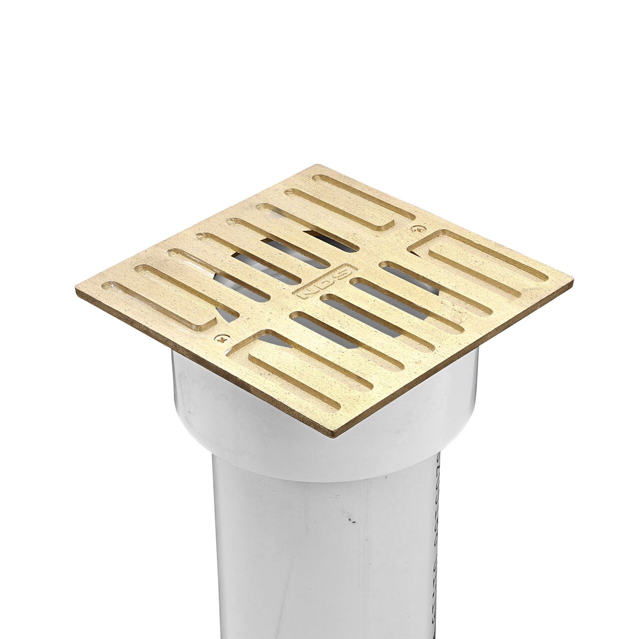 NDS Satin Brass and plastic 5 in. Square Grate fits 3 in. Drain Pipes & 4 in. Fittings installed on 3 in. S&D Pipe (NDS 913B*, NDS 913B)