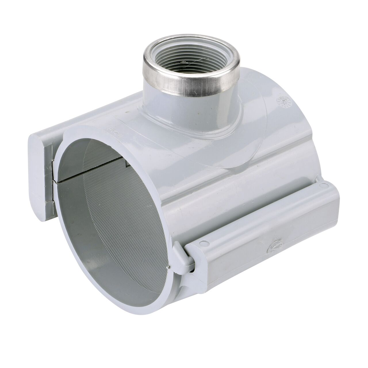 The NDS Clamp-It™ Rigid PVC Saddle with 1-1/2 in. FPT connection on top (NDS 444015) for 4 in. PVC pipe has a patented wedge design on one side and hinge on the other to install a sprinkler irrigation system to existing pipe without any bolts