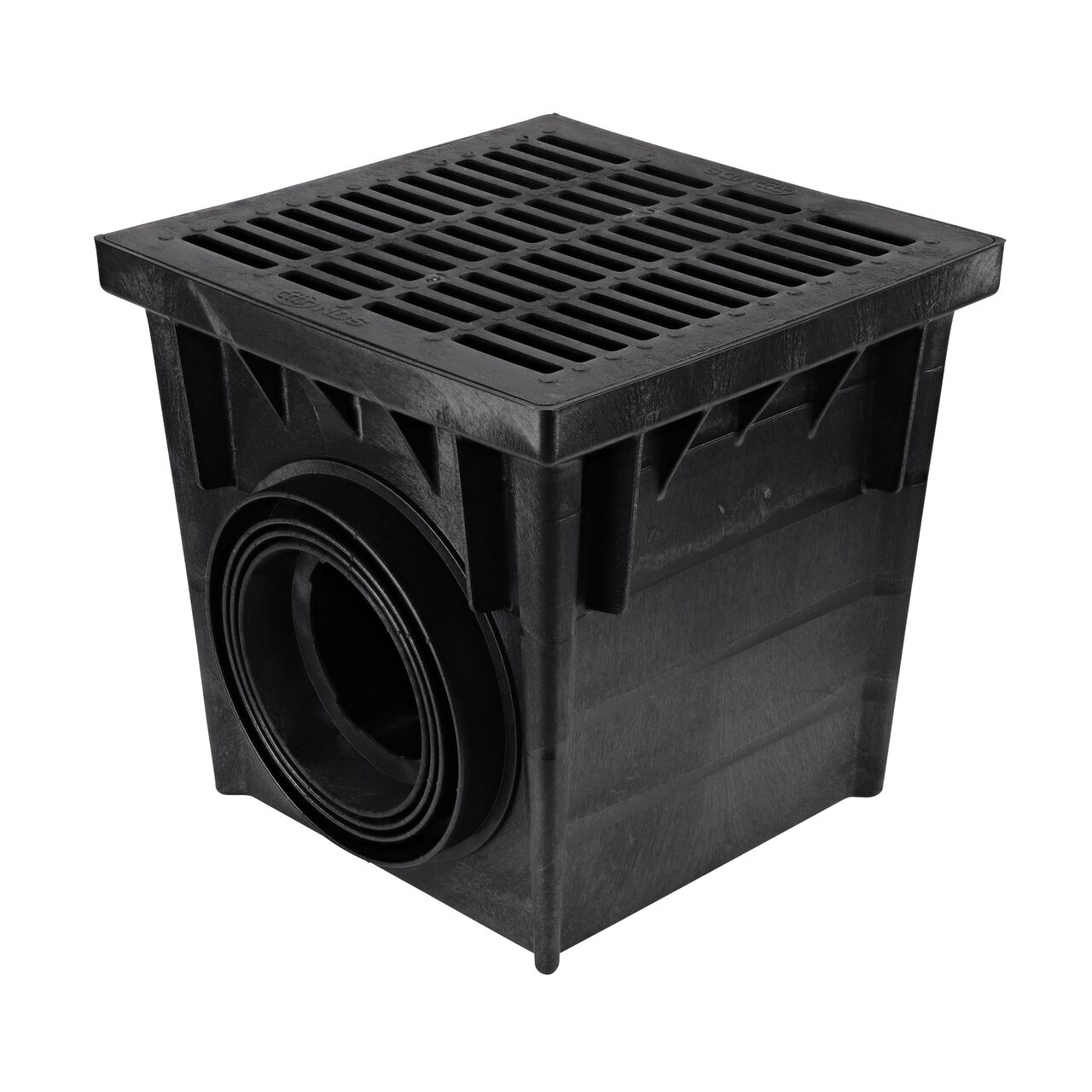 Black plastic 24 in. Catch Basin Drain Kit (NDS 2400BLKIT) set up with a black grate (NDS 2411) and adapters (NDS 1888, NDS 2410) that connects to 8 in., 10 in., and 12 in. drain pipe