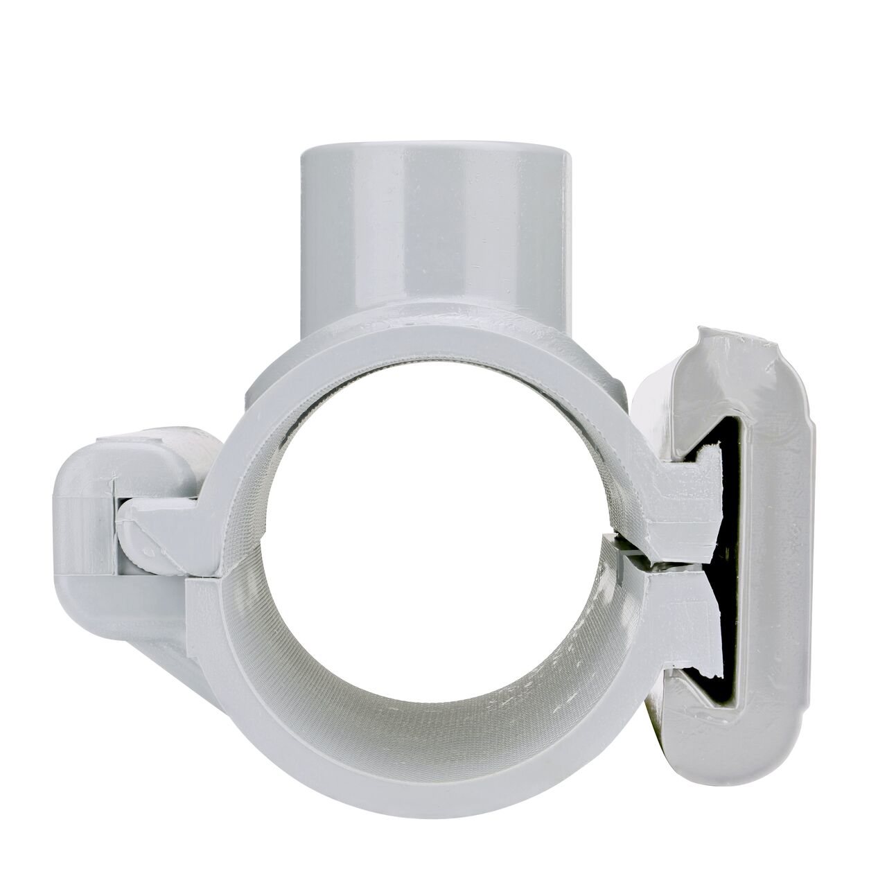 Front facing view of the NDS Clamp-It™ Rigid PVC Saddle with 1 in. slip connection on top (NDS 432010) for 2 in. PVC pipe showing both the wedge and hinge sides