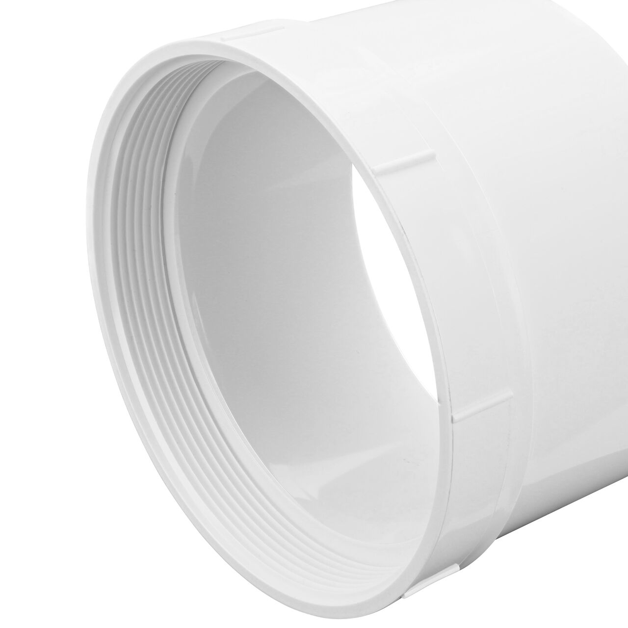Closeup of the 6 in. threaded end of the NDS 6 in. S&D PVC Female Adapter (NDS 613P)