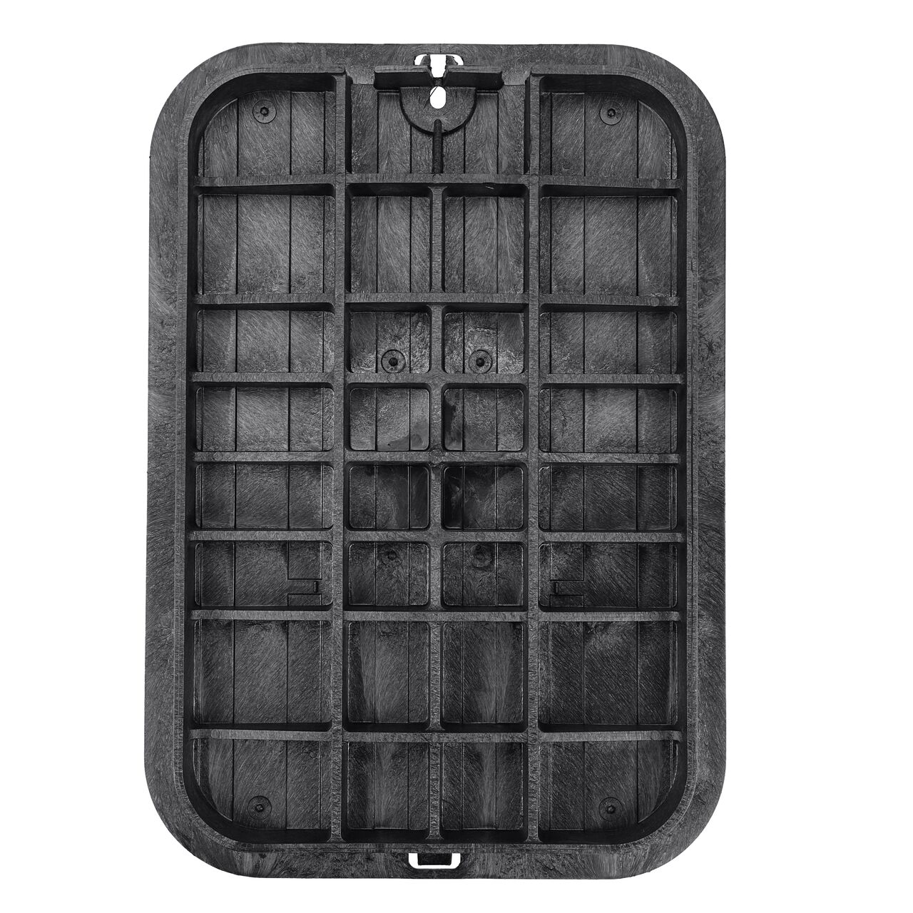 Top down view of the underside side of the Black Water cover (NDS 317BCBW) for the NDS 13 in. X 20 in. Rectangular Pro-Spec® Series valve box, showing reinforcing ribs that are load rated to withstand pedestrian traffic and the rigors of lawn care equipment