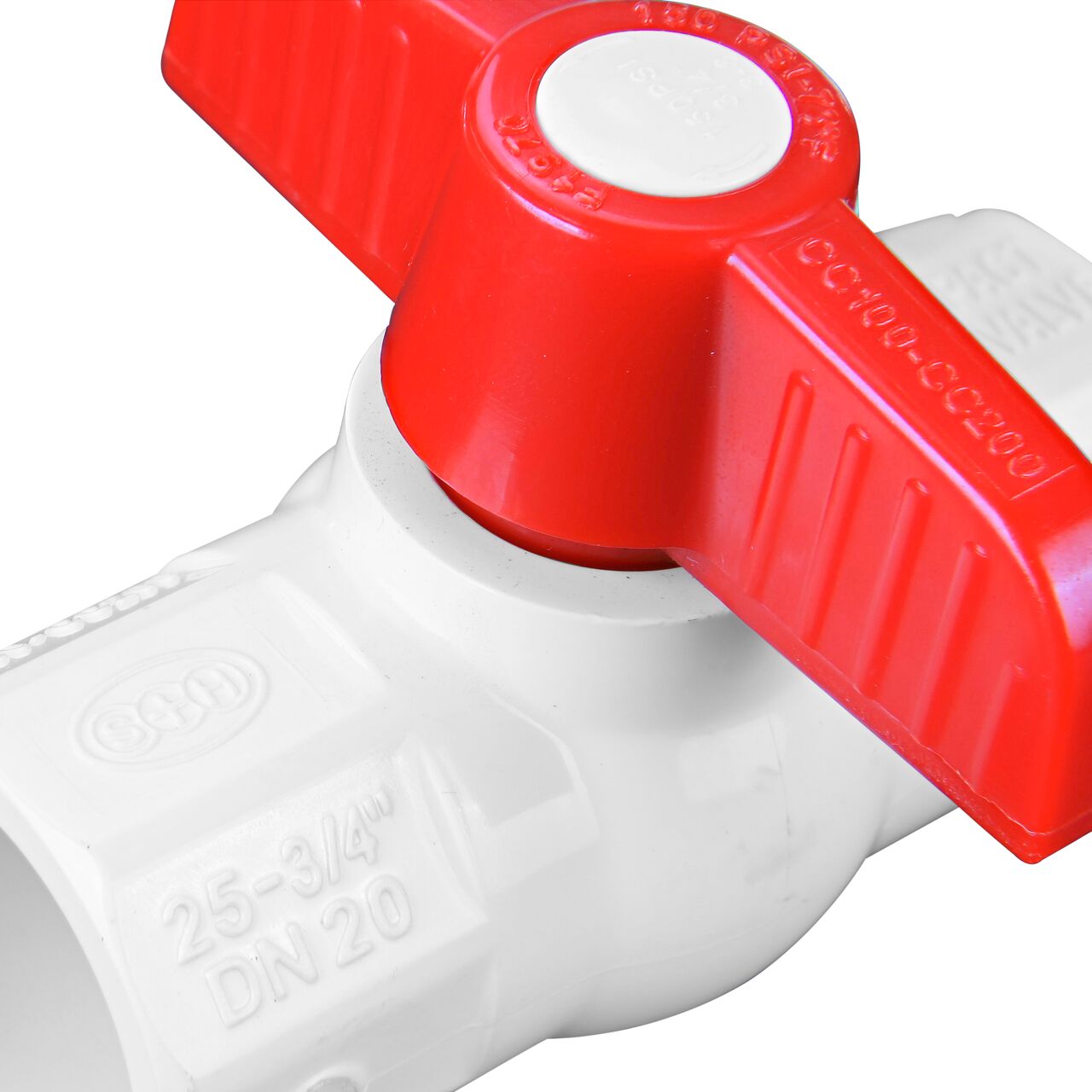 Closeup of the NDS IPS Ball Valve showing that the handle is made of durable PVC material perfect for irrigation or other pressurized system (NDS E1410-07)