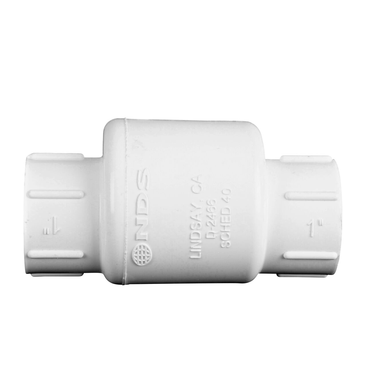 Side to side view of the NDS White 1 in. slip end by slip end PVC Swing Check Valve (NDS 1520-10)