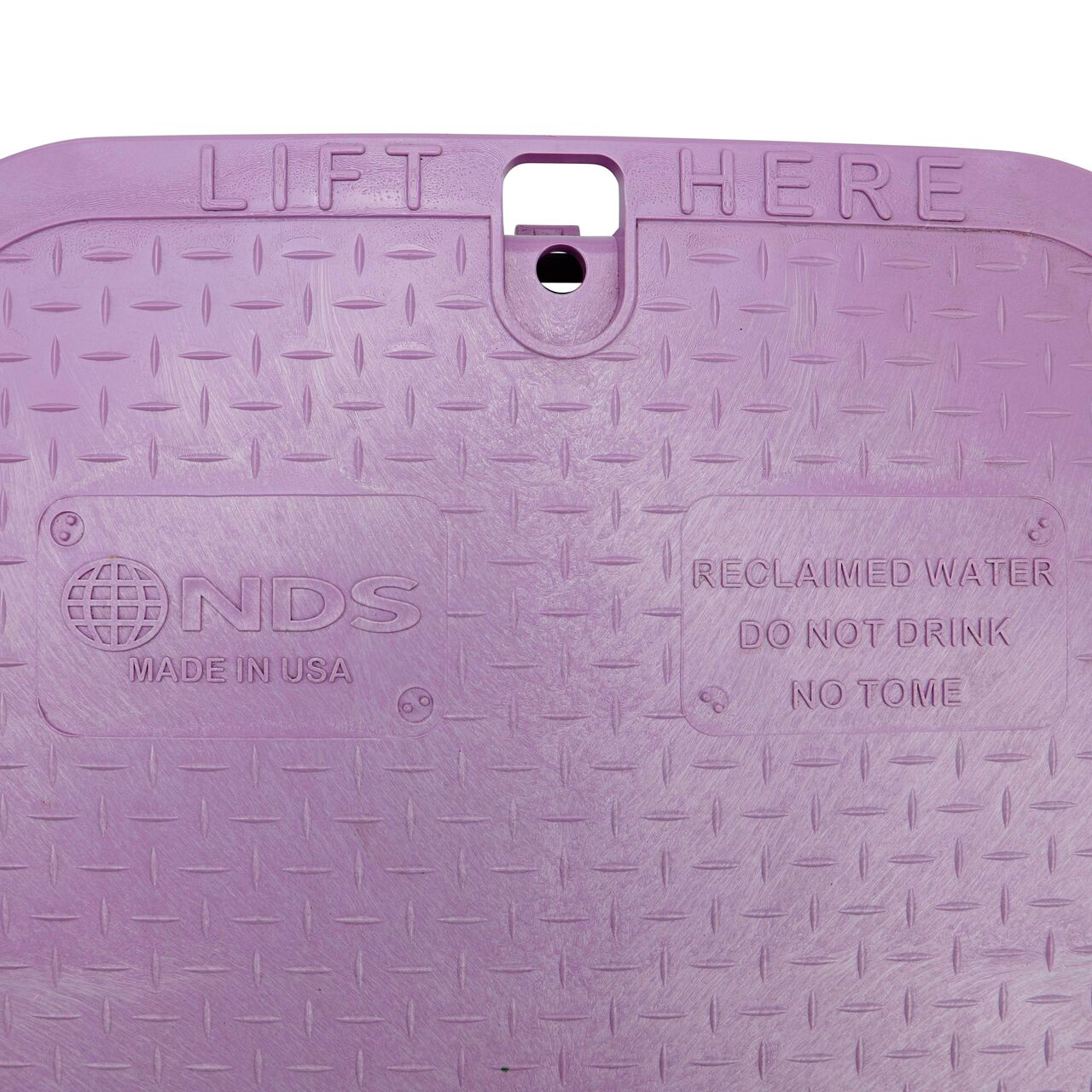Closeup view of the Reclaimed Water markings on the Purple Reclaimed Water cover for the NDS 13 in. X 20 in. Rectangular Pro-Spec® Series Valve Box (NDS 318PBCR)
