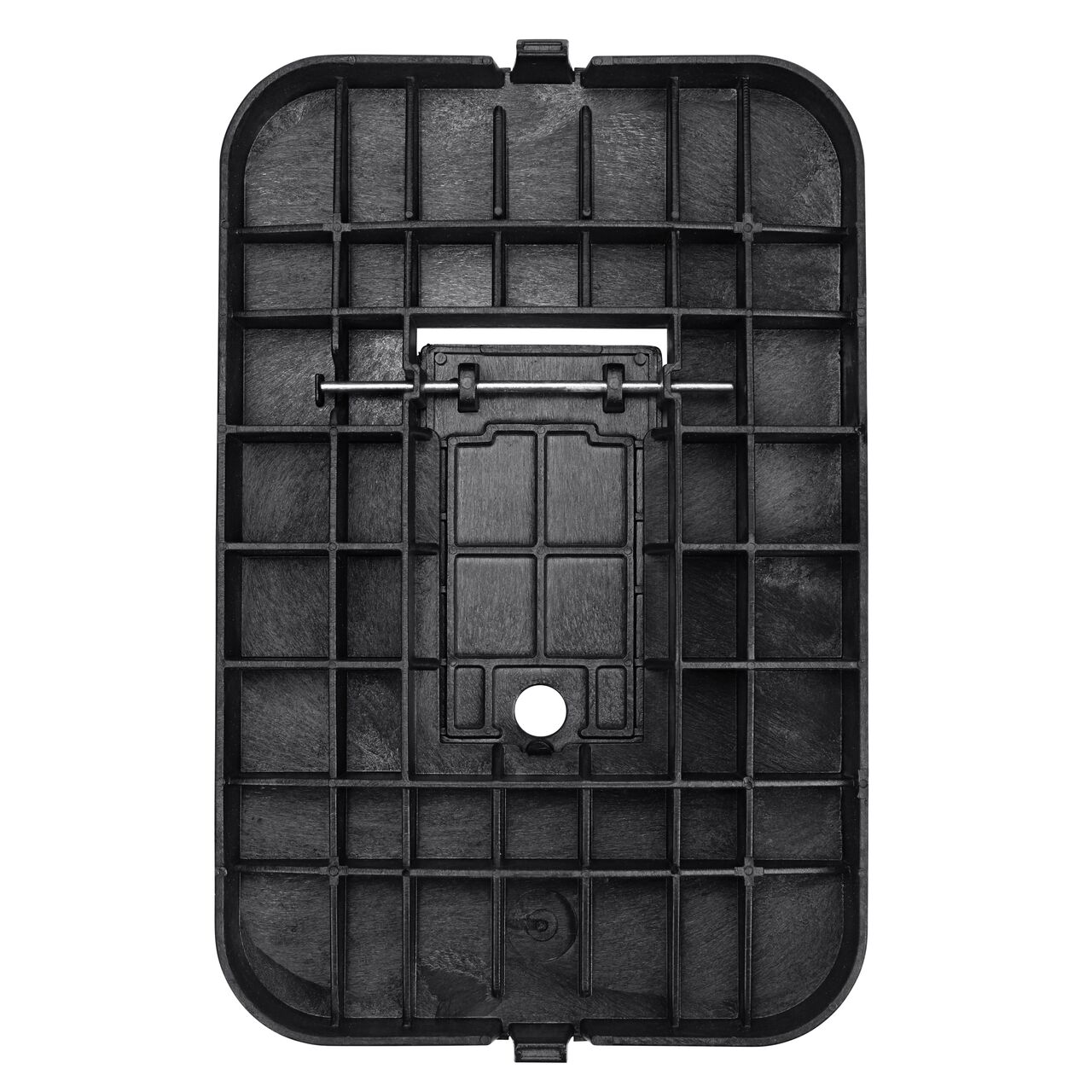 Top down view of the underside of the Black Water Meter cover (NDS D1200-DIRBL) for the NDS 14 in. X 19 in. Rectangular Standard Series meter box showing reinforcing ribs that help support pedestrian and lawn care equipment and hinged Plastic reader door