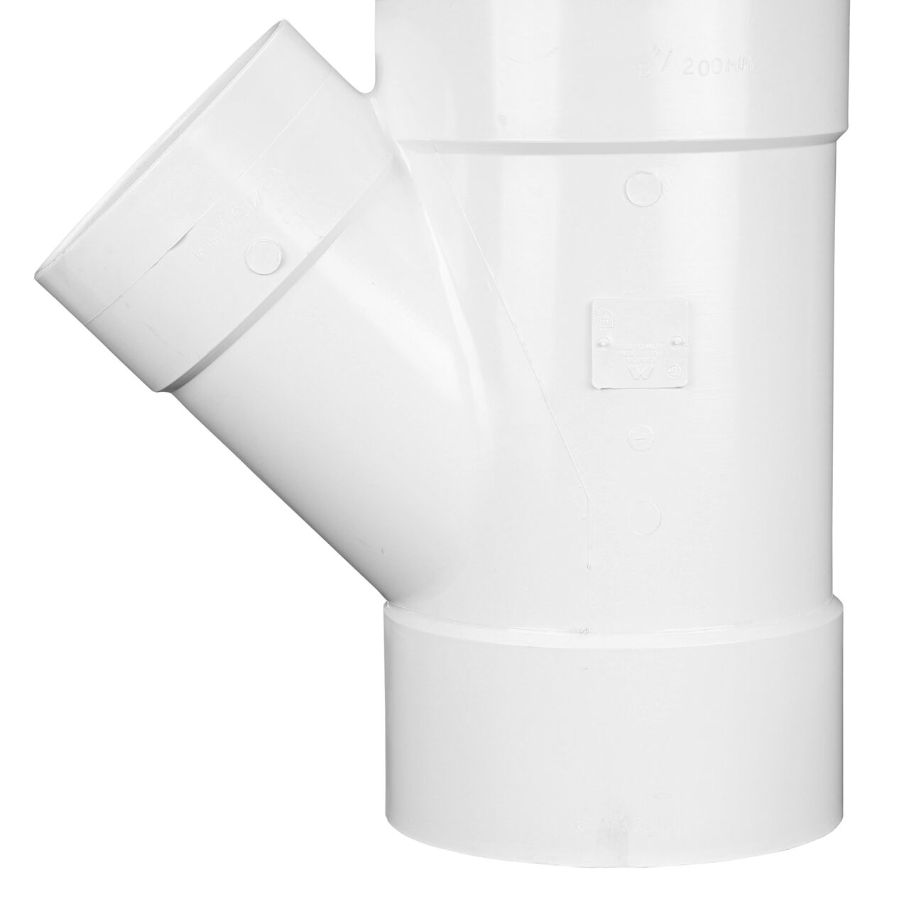 The 6 in. hub Wye connection point is part of the body on the NDS PVC 45 degree wye for 8 in. and 6 in. Sewer and Drain pipes, with 8 in. Hub X Hub X 6 in. Hub (NDS 86P08)