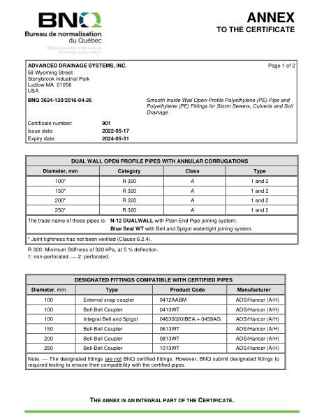 BNQ 3624-120 Smooth Inside Wall Polyethylene Pipe and Fittings ANNEX