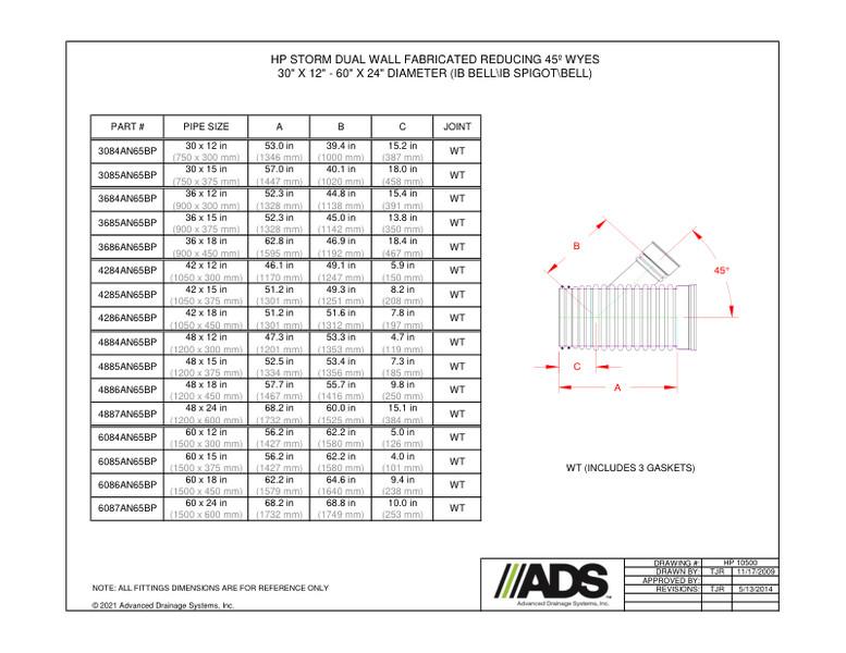 30" X 12" - 60" X 24" 45º Wyes - IB Bell/IB Spigot/Bell (HP Storm Wyes Fittings Manual)