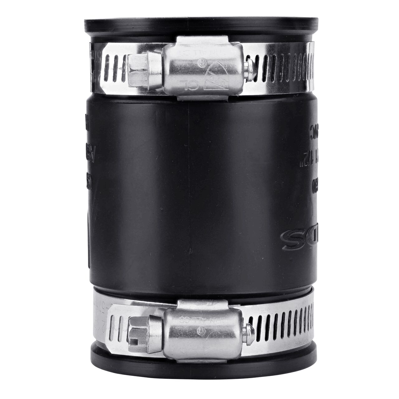 The NDS 1-1/2 in. flex coupling, in vertical position, connects two cast iron/sewer and drain or DWV/copper/steel/lead pipes and provides leak-resistant seals with virtually any pipe (NDS 56-150)