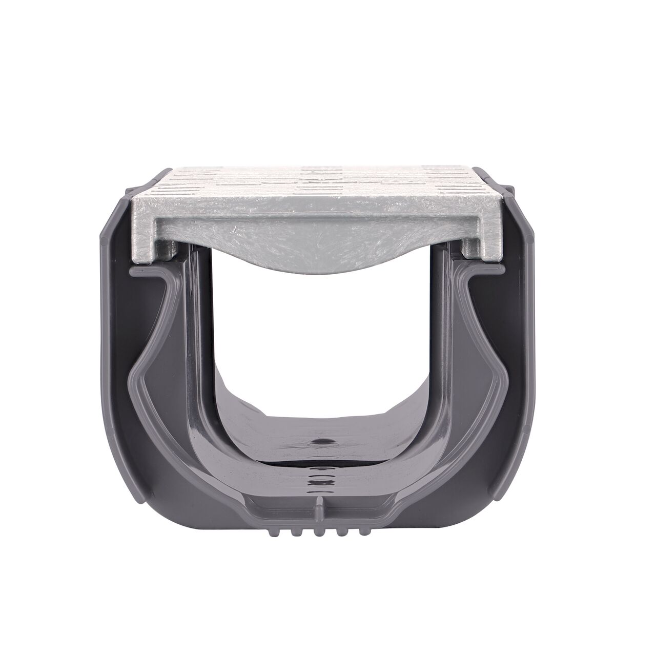 View of the inside of the NDS Spee-D® Contour™ Channel Drain Start & End Kit (NDS 400-ACSE-WH) connected from the end side that connects to a straight Spee-D channel drain