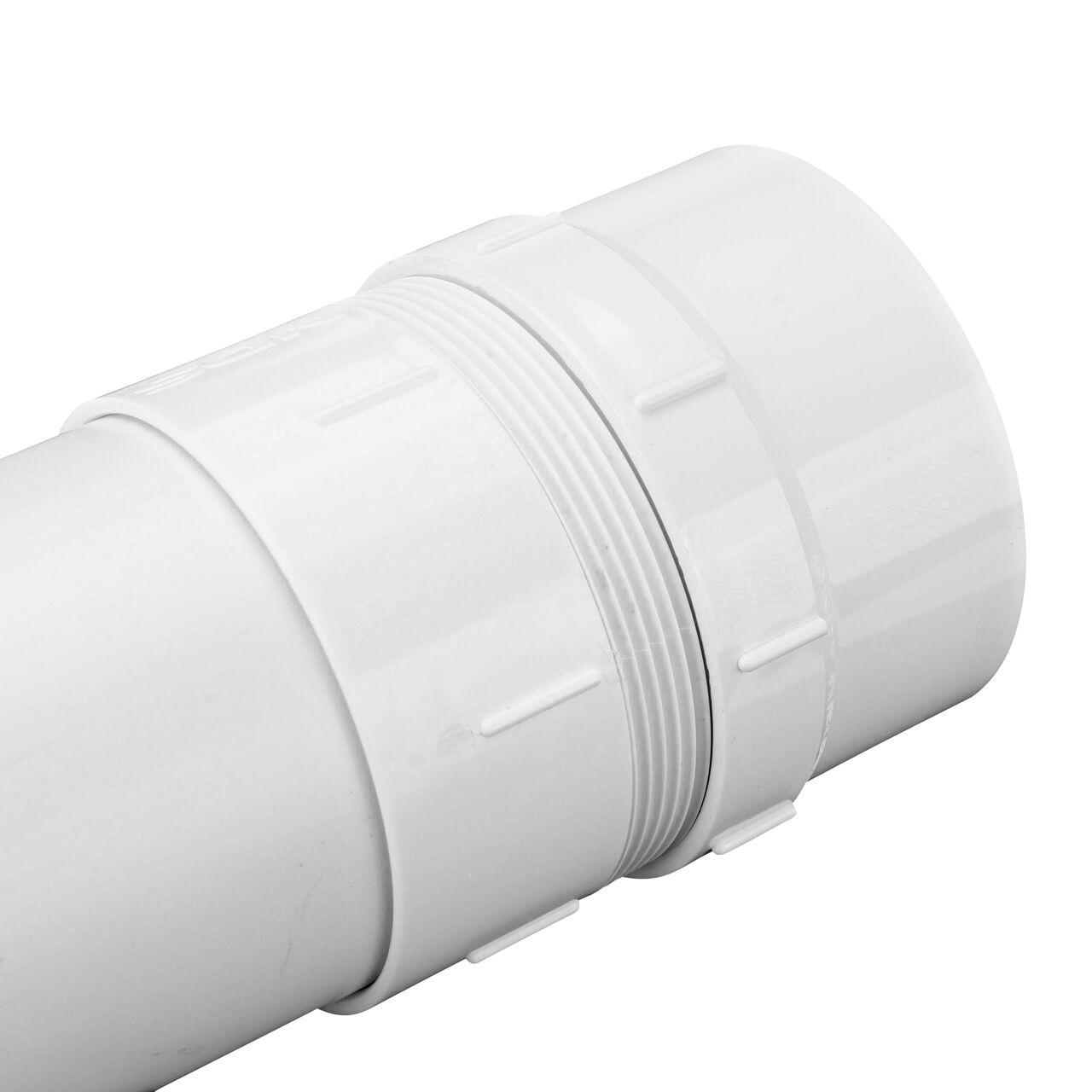 The NDS PVC male adapter (NDS LP1304) installed on a 4 in. Sewer and Drain pipe on one end and a 4 in. PVC S&D Female Cleanout Adapter (NDS 4P11) on the other end