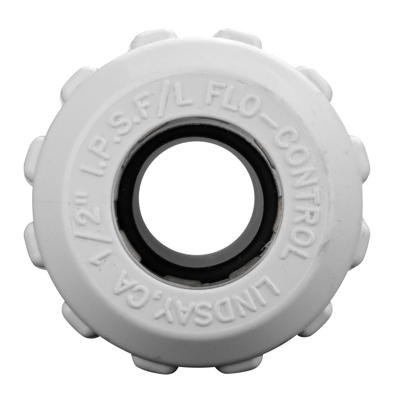 Front facing view showing the gripper teeth and black O-Ring inside the NDS 1/2 in. IPS Flo Lock PVC Gripper Adapter (NDS 136-05)