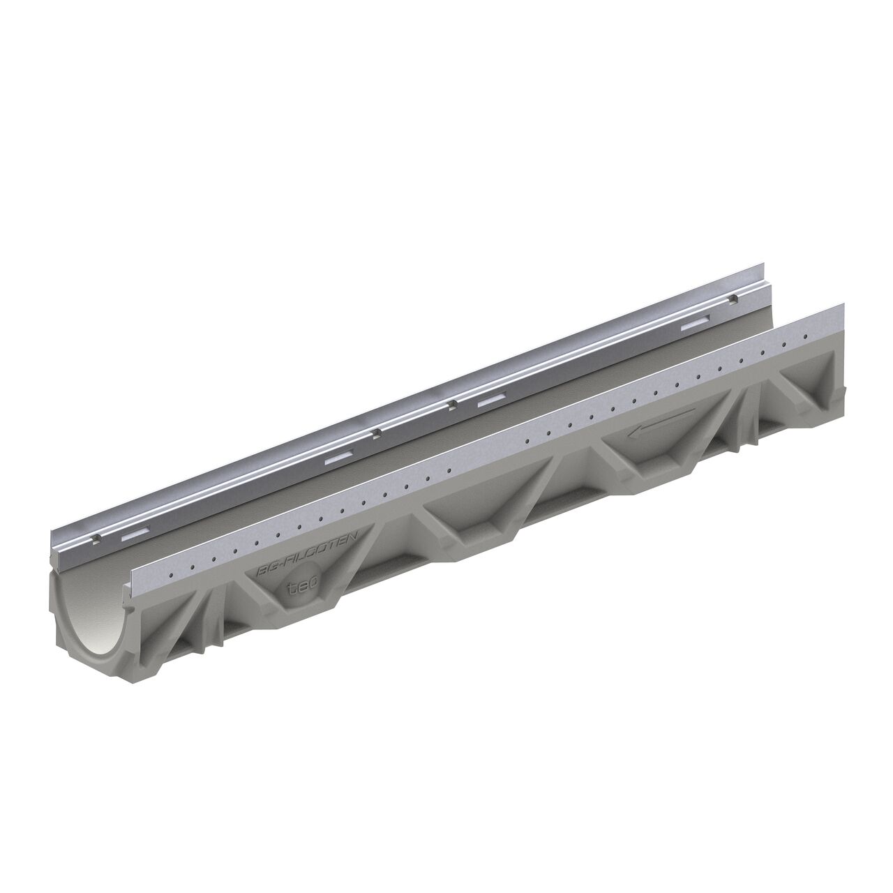 The female interlocking end of the BG-FILCOTEN® by NDS® tec E 100 Trench Drain with Stainless Steel Rails, a 4 in. wide trench drain with high-load capacity made of high-performance concrete (HPC)