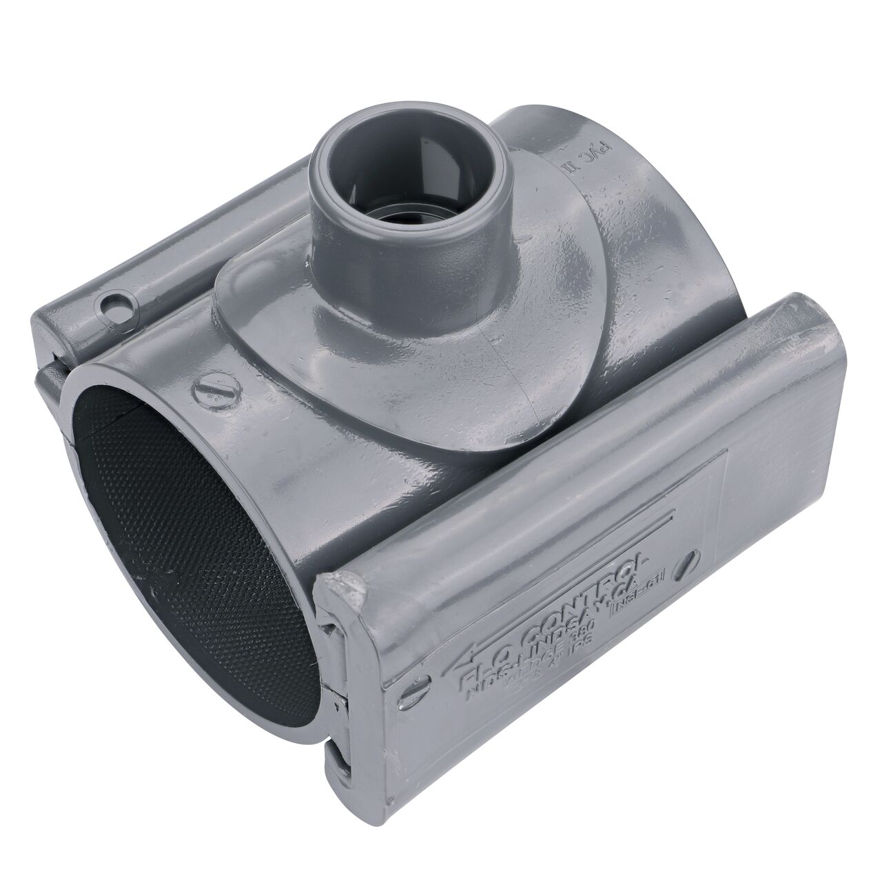 The 1 in. slip outlet at the top of the NDS Clamp-It™ Rigid PVC Saddle (NDS 453010) for 3 in. PVC pipe adds a riser or sprinkler to an existing pipeline for agricultural or mining applications
