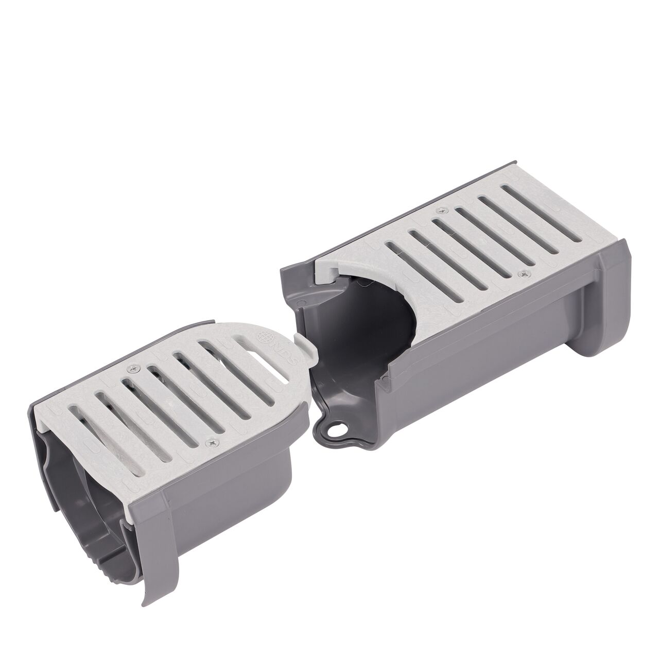 The end piece on the NDS Spee-D® Contour™ Channel Drain Start & End Kit (NDS 400-ACSE-WH) is rounded to connect to the Spee-D® Contour™ Channel Drain Middle Section and Gray Grate (NDS 400-ACSE-WH) to form a pivot curve as desired