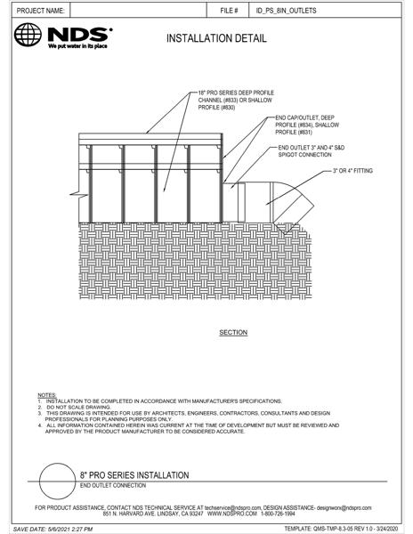 NDS 8 in. Pro Series™ Channel Drains & Grates Outlets Installation Details