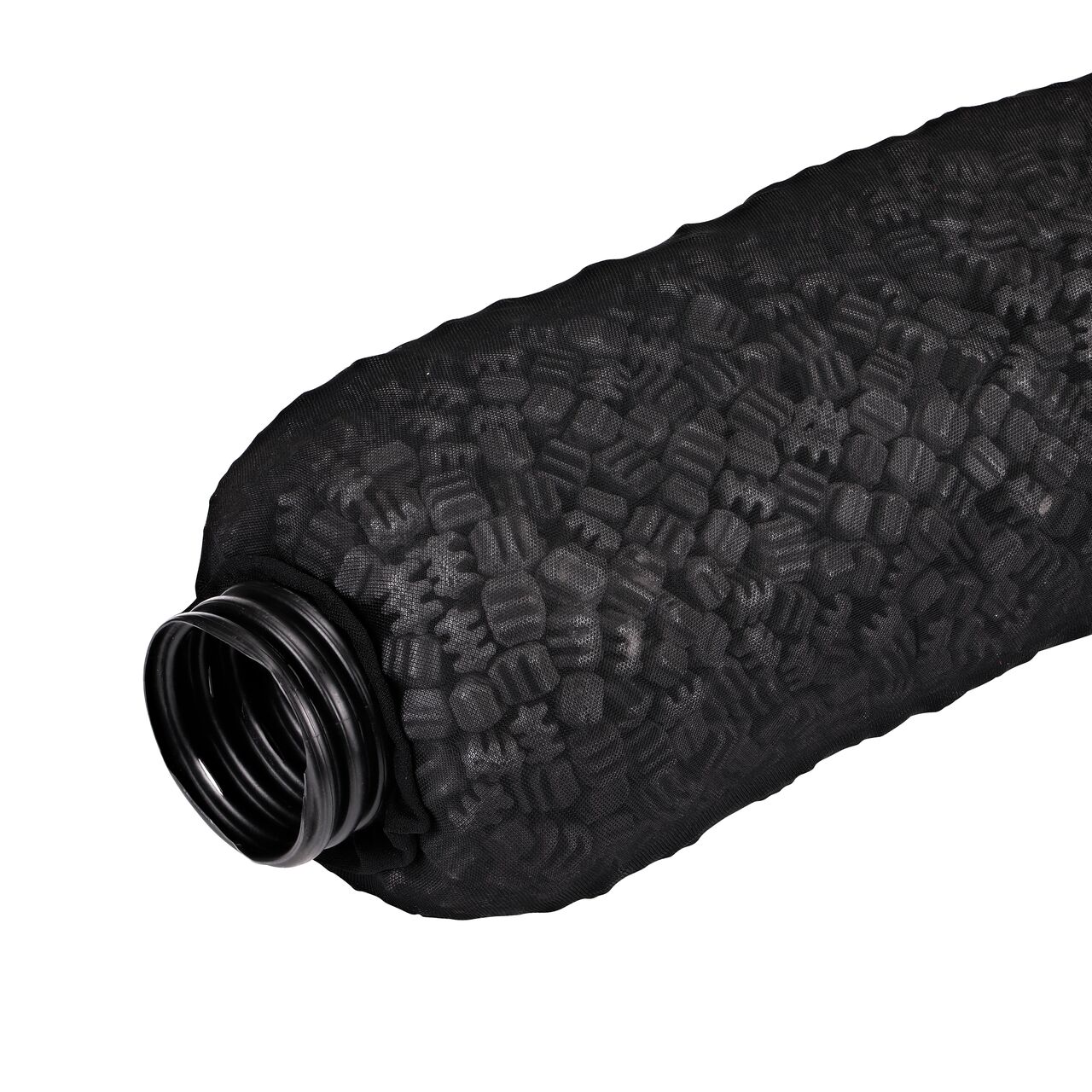 EZflow® Gravel-Free French Drain System with 4 in. Slotted Pipe & Engineered Aggregate, 10 in. dia. X 10 ft. long bundle; a portion of the end of the bundle is shown (NDS EZ-1001F)