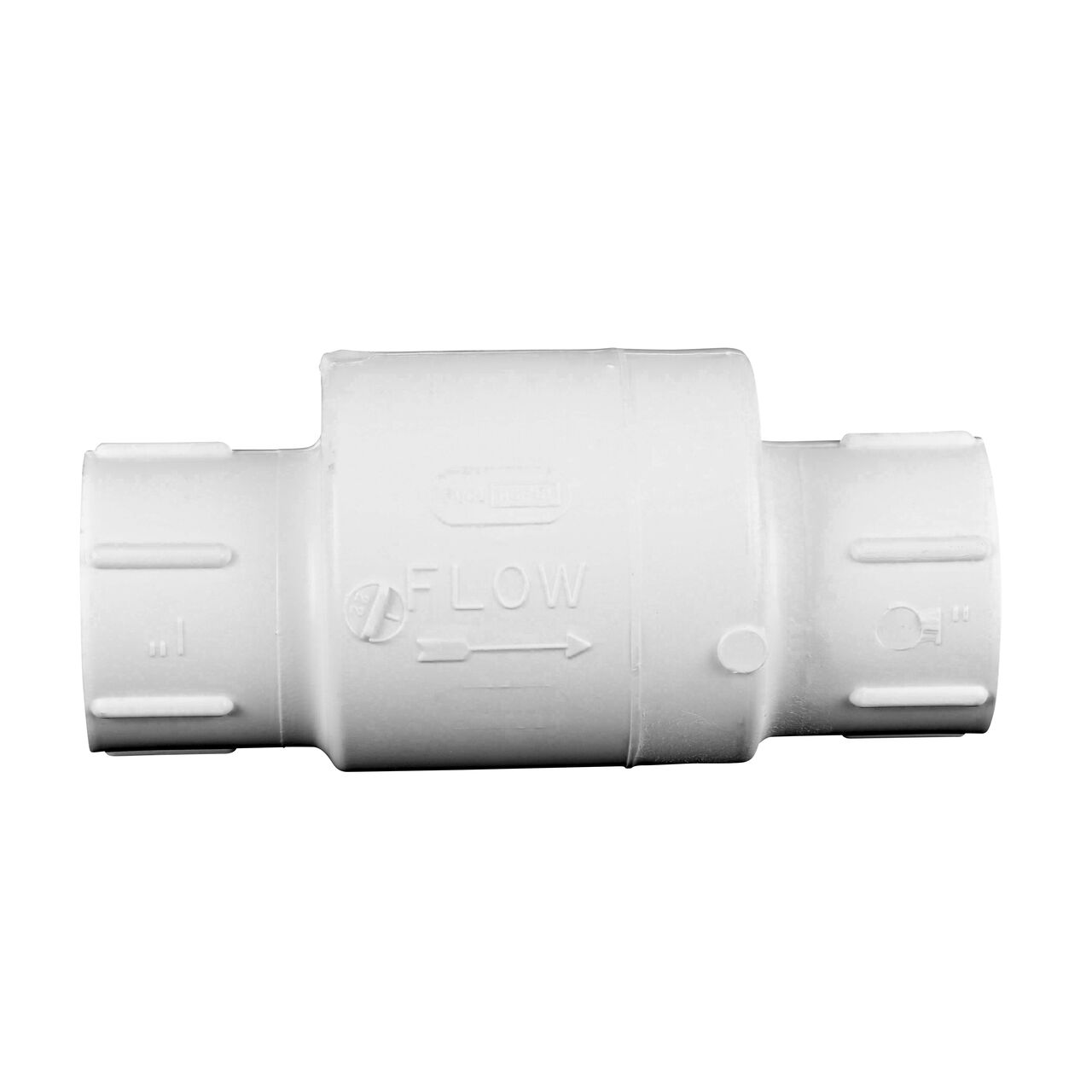 Side to side view of the NDS White 1 in. female end by female end PVC Swing Check Valve (NDS 1520-10F) which prevents backflow in pipelines
