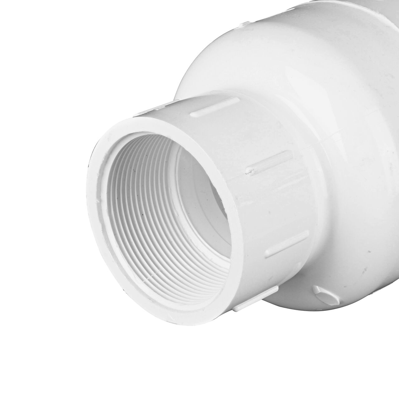 Closeup of the non-sloped end of the threaded NDS 2 in. White PVC Spring Check Valve (NDS 1001-20, NDS 1002-20)