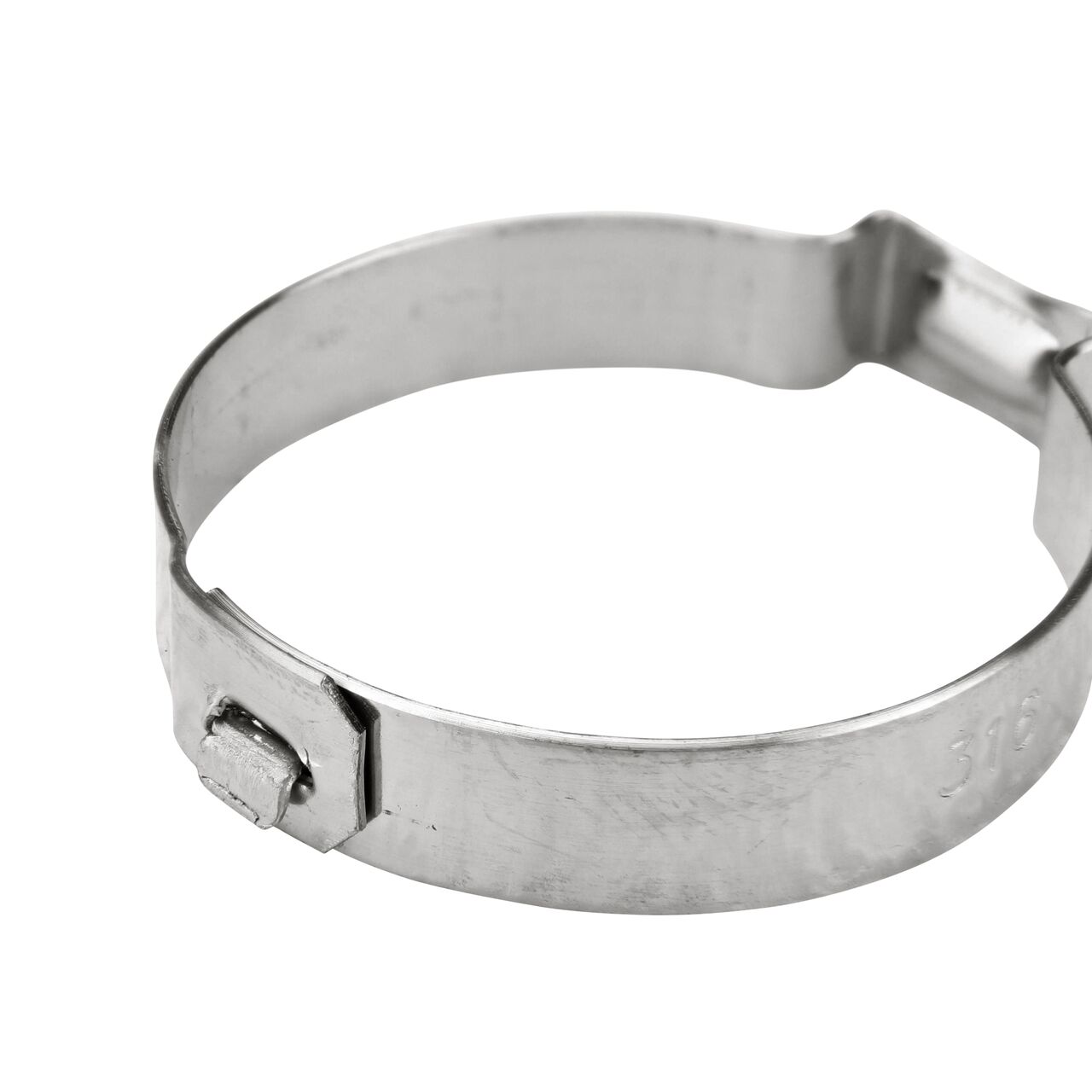 Closeup of NDS 316R Stainless Steel Pinch Clamp mechanical interlock that keeps clamp in place (NDS NC-155000-019)
