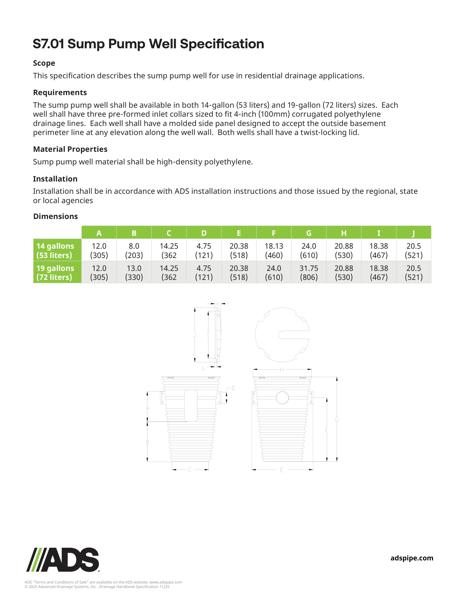 S7.01 Sump Pump Well Specification