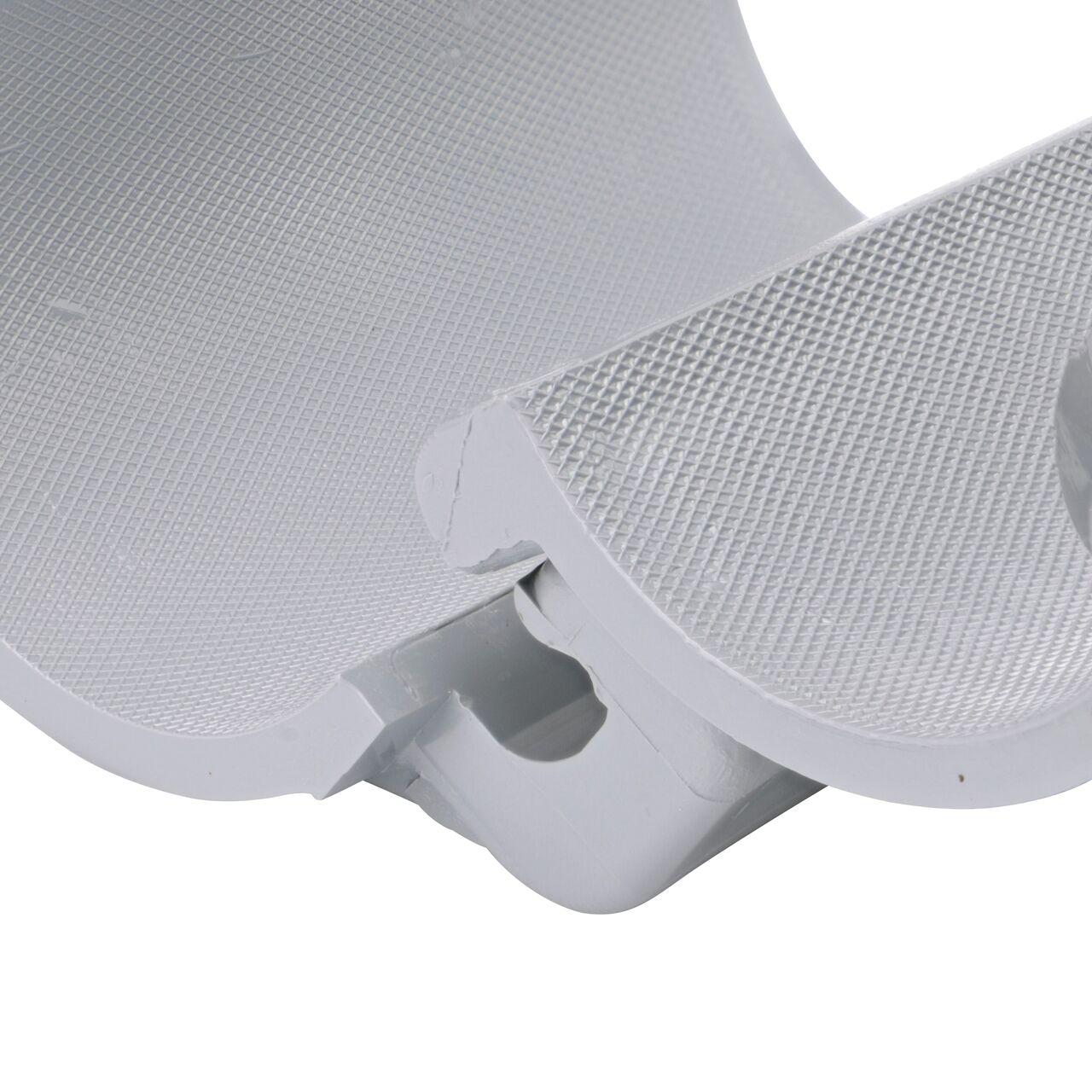 Closeup of the hinge open on the NDS Clamp-It™ Rigid PVC Saddle with 3/4 in. FPT connection on top (NDS 422007) for 2 in. PVC pipe