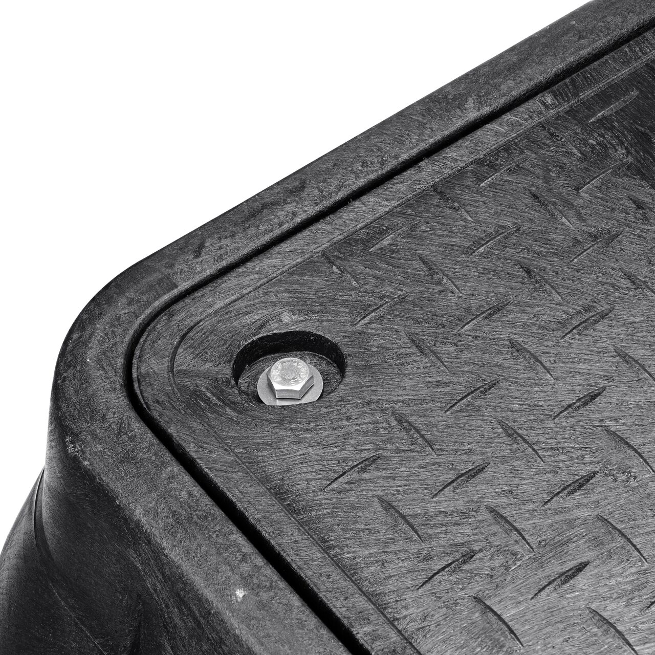 Closeup view of the NDS logo and Water Meter markings on the Black Water Meter cover for the NDS 17 in. X 30 in. Rectangular Pro Series Meter Box (NDS 124BCDWB)