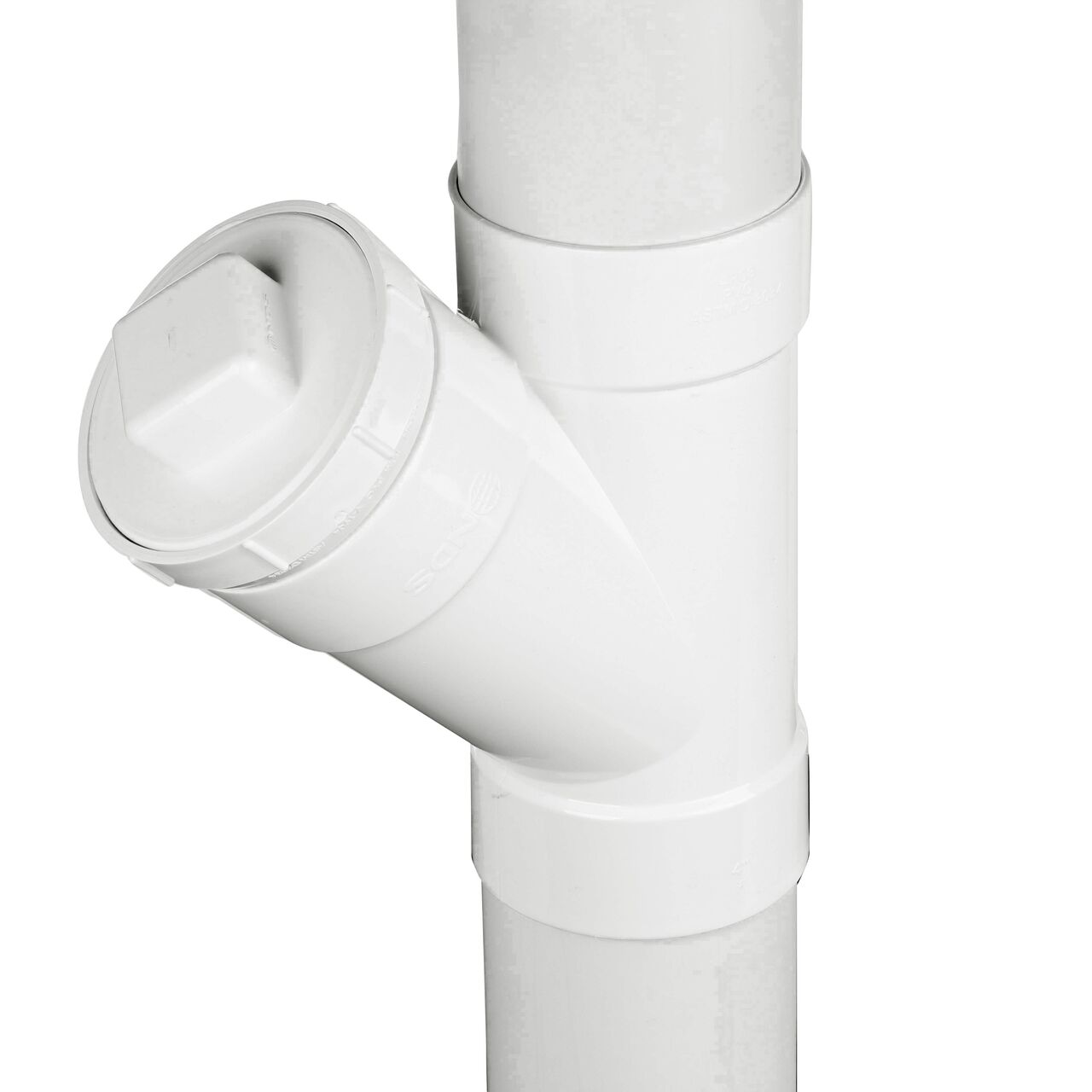 The NDS 4 in. PVC Sewer and Drain 45° Wye (NDS 4P08C*, NDS 4P08*, NDS 4P08) in vertical position with 4 in. S&D pipe attached to the top and bottom connection points and a 4 in. PVC S&D Female Fitting Cleanout Adapter and 4 in. MPT PVC S&D Cleanout Plug attached to middle hub