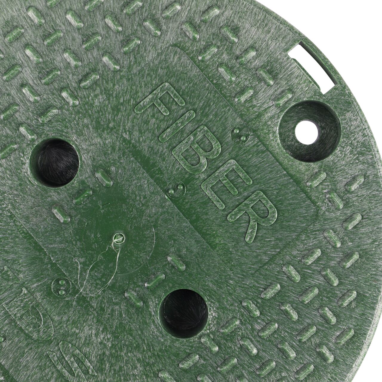 Closeup view of the locking mechanism and bolt hole on the green fiber cover for the NDS 10 in. Round Standard Series Valve Box (NDS 111CF)