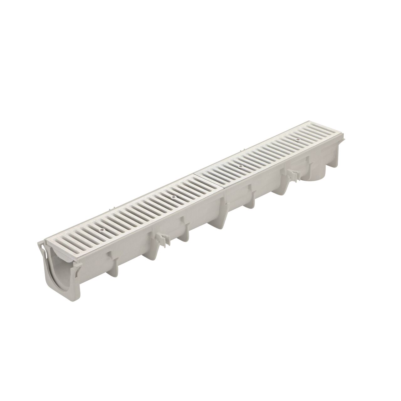 The NDS 4.34 To 4.67 in. Deep Dura Slope Channel (NDS DS-092) with the Standard Duraslope Light Gray Grate installed (NDS 661LG)