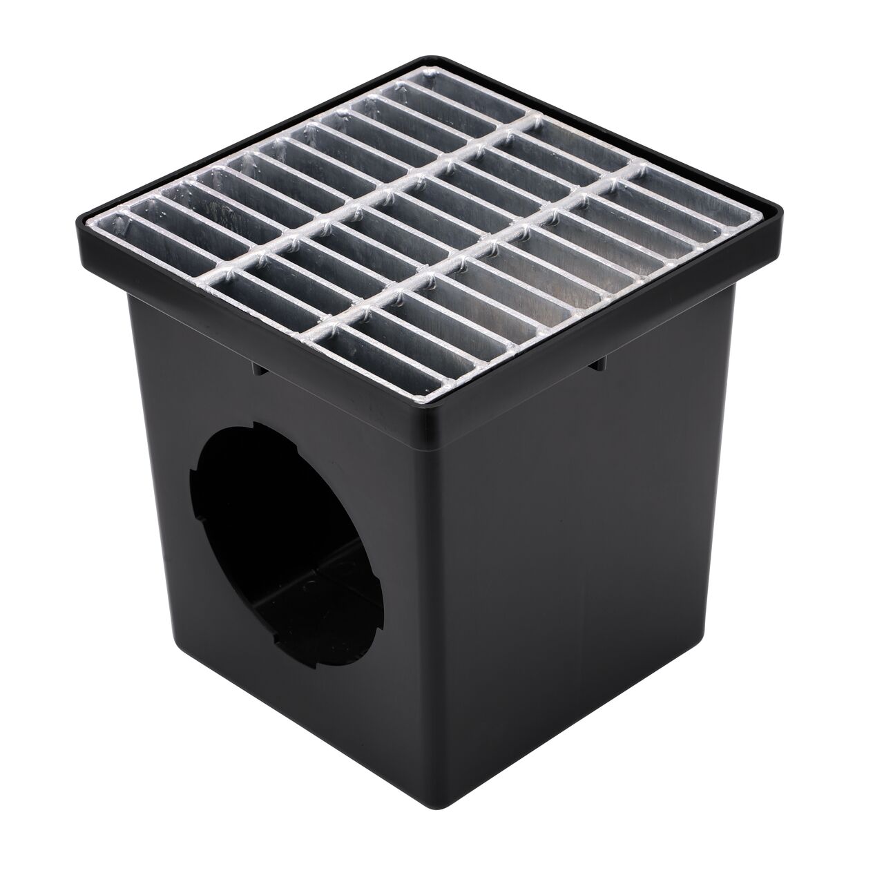 12 in. Galvanized Steel Grate (NDS 1215) installed on a black plastic 12 in. Catch Basin Drain with 2 Openings (NDS 1200*); retail