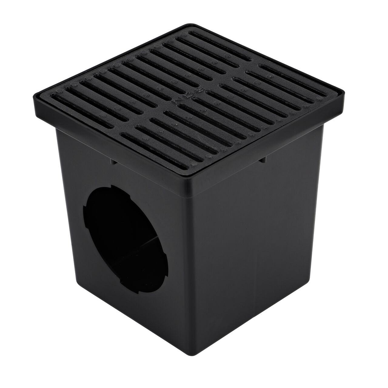 12 in. Ductile Iron Metal Grate (NDS 1213) installed on a black plastic 12 in. Catch Basin Drain with 2 Openings (NDS 1200*); retail