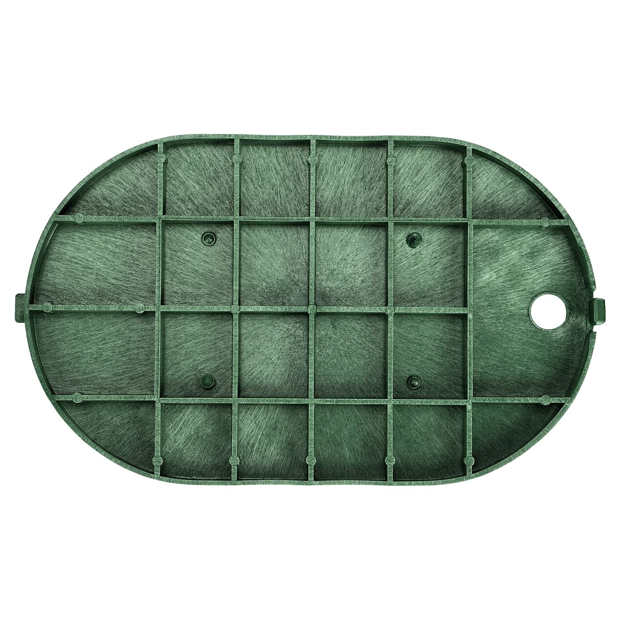 Top down view of the underside of the Green Control Valve cover (NDS M4-SGL) for the NDS 8 in. x 14 in. Oval Standard Series valve box showing reinforcing ribs that help support pedestrian and lawn care equipment
