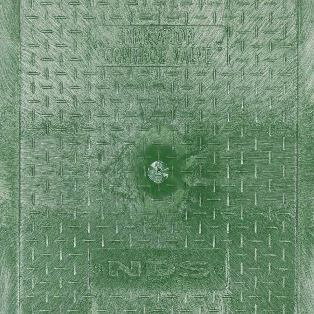 Closeup view of the Irrigation Control Valve markings on the green irrigation control valve cover (NDS 313C) for the NDS 14 in width and 19 in. length Rectangular Pro-Spec® Series Valve Box