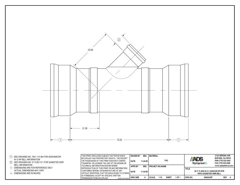 30 x 15 HP Wye with Gasketed SWR Bell Nyloplast Detail